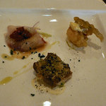 La cucina del Covo - 前菜３種(カンパチ、公魚のフリット、鶏のパン粉香草焼き)