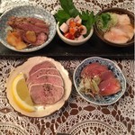 北新地たゆたゆ - ボイル刺し5種
      ハツ刺し
      ガツ刺し
      タン刺し
      コブクロ刺し
      ハラミタタキ