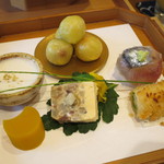 米倉 - 16.9月 八寸 湯葉すり流し さつま芋団子（海老／枝豆／胡桃） 秋刀魚麹寿司 スッポン玉子 南瓜 すり身揚げオクラ