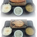 丸勘 - 脂乗り最高！あじ、サバの定食。600円