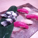 コハダ（熟成魚）、金目鯛（熟成魚）、本マグロのにぎり