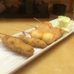 Okazu - ホタテフライ、串カツ、半熟うずら、ハムカツ、イカフライ