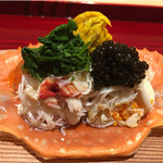 銀座 しのはら - 蟹三兄弟、ドウマンにキャビア、噴火湾毛ガニ、柴山ずわいの味噌和え、蟹酢ジュレ