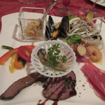 Omarukeputorye - コースの最初は前菜の盛り合せから、広島の牡蠣やモンサンミシェルのムール貝など旬の食材を利用した前菜です、私は左上のホタテのクスクスが好みでした。
                        
                        