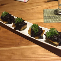 魚感うえさき - 茄子の田楽。日本酒カパカパ進む。5、600円くらい。