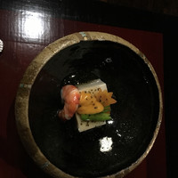 よし邑 - 先付 胡桃豆腐、さやいんげん、雲丹、海老、とろみ出汁かけ