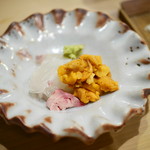 うを徳 - 201611明石ヒラメお造りと肝刺し・釧路バフンウニ