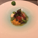 レストラン ラ フィネス - 鮑 ブルターニュ産オマール海老 赤ウニ コラトゥーラ トマト 貝ジュレ