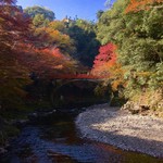 Shigetsutei - 座敷席の奥の河原から見た指月橋