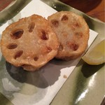 ほっぺのこめつぶ - 【’16.11】蓮根はさみ揚げ。中は豚バラが挟まれてる
      