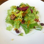 ワイン食堂 cor. - ランチにつくサラダ。酸味の薄いオニオンドレッシング？グリーンサラダ。レーズンが散らされています。