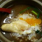 まゆみの店 - カレー鍋焼きラーメンはデフォでごはん小が付いてくるので落とし玉子をとっておき雑炊^^