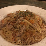 シバサキ キャンプ - カルボナーラっぽいのでお任せ☆パスタ。