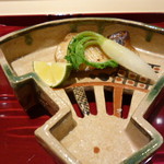 銀座 しのはら - マナガツオの幽庵焼き　大根は西京味噌に漬けたもの