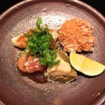 御料理 堀川 - 強肴：海老のおかき揚げ・鮑の遠山(治部煮)・ねぎの天ぷら