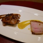 齋華 - 【3品目】金華豚のチャーシュー、皮つき豚バラ肉の塩焼き