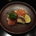 御料理 堀川 - 強肴：海老のおかき揚げ・鮑の遠山（治部煮）・ねぎの天ぷら