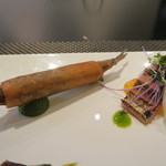 スゥリル - 28年11月　鰆グリル・焼き茄子・シャインマスカット、天然鰤・なめこ・モロヘイヤ、千葉カマス・柿、愛知メヒカリ・大葉春巻き