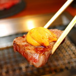 焼肉ダイニング GYUBEI - 料理写真:雲丹のせ牛ヒレキューブ 厚切りの牛ヒレを焼き上げ、雲丹をのせて食べる至福のワンピースです。