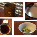 59759209 - お茶、蕎麦湯、蕎麦つゆとお塩、わさび