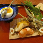 田・和味彩々 - さんまの稚魚の干物・ムカゴ・百合根・蒸し海老・めぬけの焼物カラスミ添え