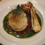 ビストロ 間 - 鱈のポワレ　カダイフをのせて　白子のムニエル　下仁田ネギと海老の香り高き二種のソースで 