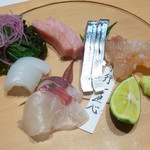 しめ鯖、縞アジ、中トロ、車エビ、イカ