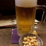 お通しの酢大豆とビール
