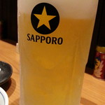 もつ焼き煮込みてら川 - 生ビールはサッポロ通常400円がハッピーアワーで200円