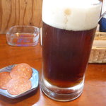 アルバトロス - 生ビール中一杯目、付きだしのサラミ