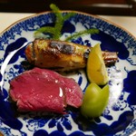 比良山荘 - 子持ち鮎の味噌漬け＆鹿肉ロースト