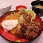 新潟農家直送米 黄金めし - 選べるミックス定食 アジフライ・とんかつ 1166円。