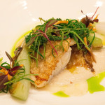 コーダリー - 私のメインは鮮魚でキハタのポワレ　上に乗っかってるのはおかひじきです