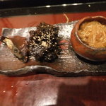 滋味 康月 - へしこ、ブロッコリーの素揚げ、なめたけ