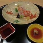 銀座一期 - お造りです。車海老、平目、白イカ。