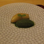 銀座一期 - ラ・フランスのコンポートと抹茶アイス。