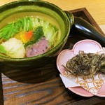さえずりと高山水菜ハリハリ・海蘊の掻き揚げ