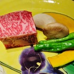 ステーキ花郷 - 焼く前の『特選米沢牛サーロイン(80g)』『カボチャ』『エリンギ』『ししとう』の食材～♪(^o^)丿
