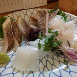 Sagamiya - お刺身盛合せ（カマス炙り、太刀魚炙り、アオリイカ、平目）
