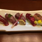 菅乃屋 - 変わり握り五貫（山椒ダレ、アボカドわさび、ネギ塩、デコポンジュレ、漬け）