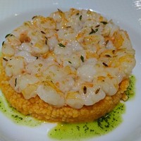 レストラン アラジン - 小エビのガレットと引き割り小麦のガスパチョ煮　バジルソース