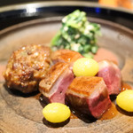 日本料理 晴山 - 窒息鴨 つくね 壬生菜の胡麻和え 銀杏を添えて