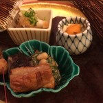 山玄茶 - 八寸・「白和え」「八幡巻き」「クワイ揚げ」「河豚と河豚皮・白菜のおろしポン酢」「汲み上げ湯葉の雲丹乗せ」