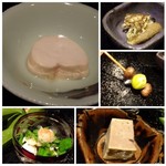 大どころ - ◆左上・ボラの白子◆左下「ひらめの肝」◆右上「アラの皮せんべい」◆右中「むかご・銀杏の素揚げ」◆右下「タイラギのヒモ・葉ニンニクの和え物」