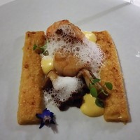 ドミニク・ブシェ トーキョー - 前菜2：赤座海老･ホタテのソテー、焼きパスタ添え、茸、ホタテの泡