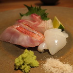 鈴しろ - 【再訪２】スミイカ、金目鯛の焼霜造り、真鯛の昆布締め