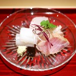 銀座 しのはら - 平目（明石）とハリイカと寒ブリ（能登）の造里