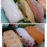 加ま川寿司 - ◆上：エンガワ・穴子・鯛・・この中では「エンガワ」が上品な脂を感じ美味しい。
◆下：海老・タコ・鮭・・どれも普通かしら。