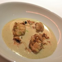 レフェルヴェソンス - (2016/11 昼) 寒さとともに（前菜２）：セイコ蟹とさつま芋のスープ、鯛の白子と猪のキャラメル、塩漬けレモン