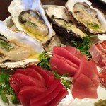 カネ保水産 - 2016,12月　1皿目鮪3種・金目鯛・生牡蠣で4人前